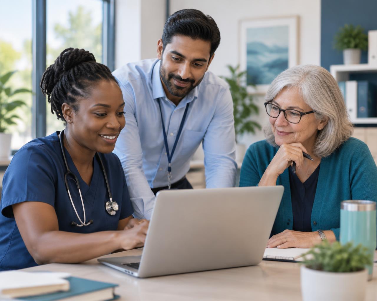 Healthcare professionals working together on a laptop